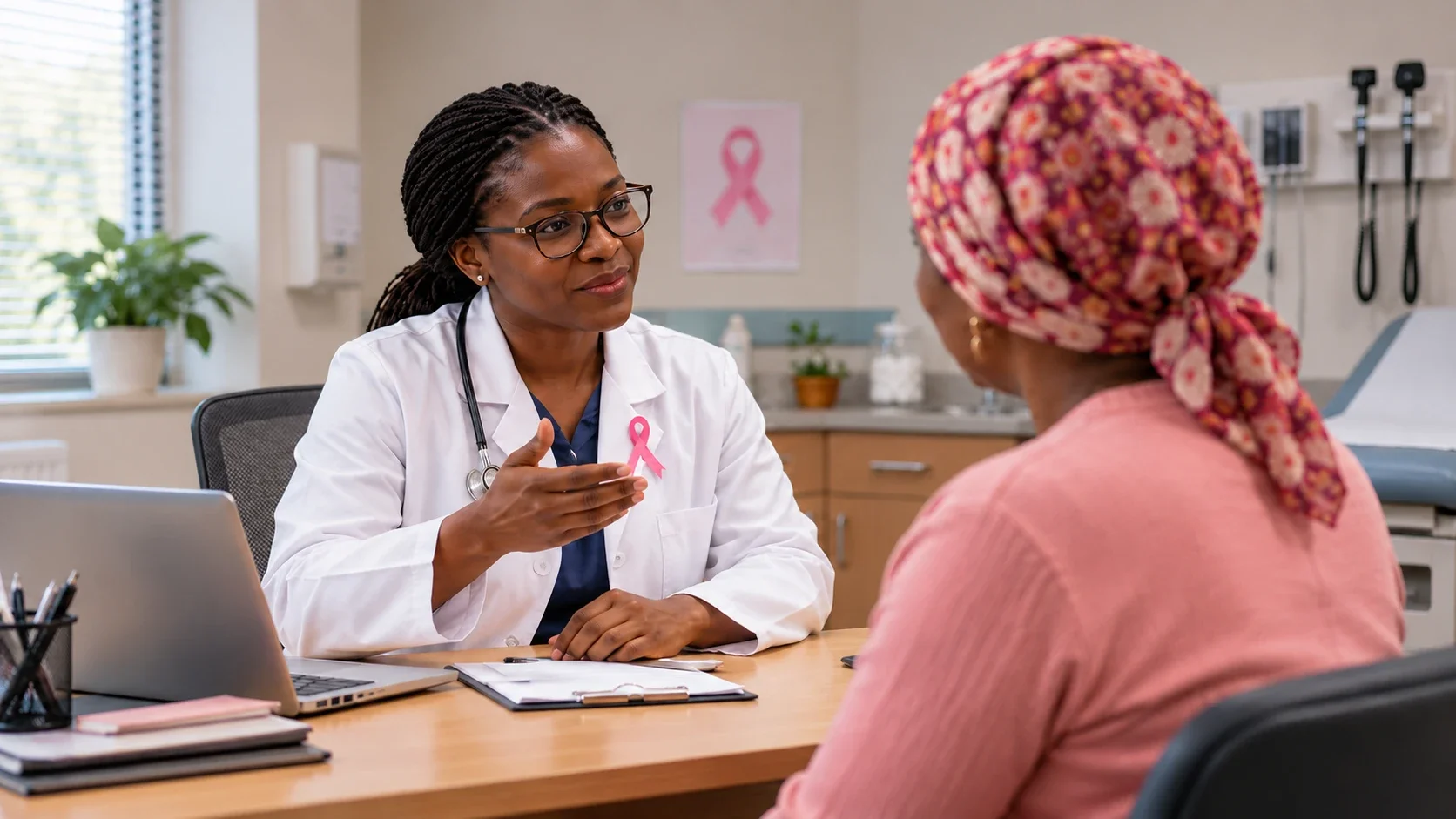 Mulher de lenço cor-de-rosa numa consulta, a conversar com uma profissional de saúde de bata branca, com um laço cor-de-rosa ao peito